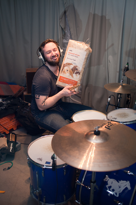 Chris with some sound effects prop things, used for tv and radio shows.